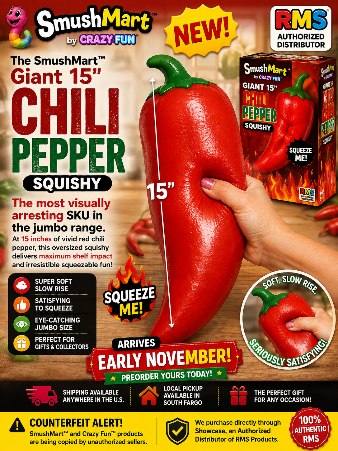 PREORDER ARRIVES EARLY NOVEMBER RMS® SmushMart™ Giant 15" Chili Pepper Squishy 1pc