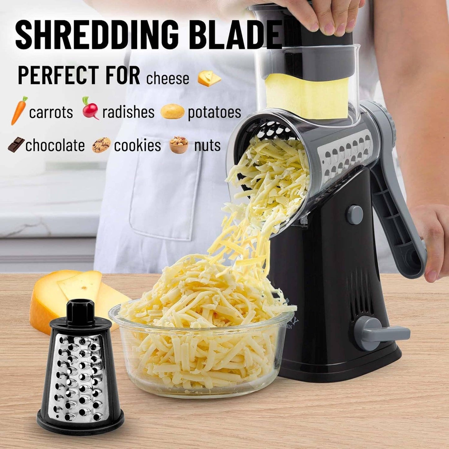 Rotary Cheese Grater with 5 Interchangeable Drums