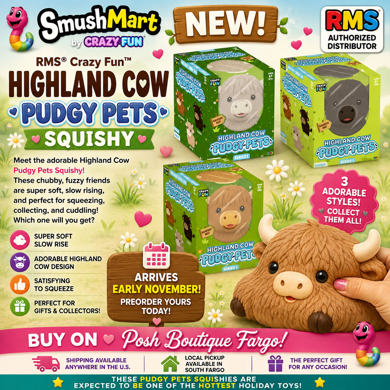 Rms® Crazy Fun™ Highland Cow Pudgy Pets Squishy
