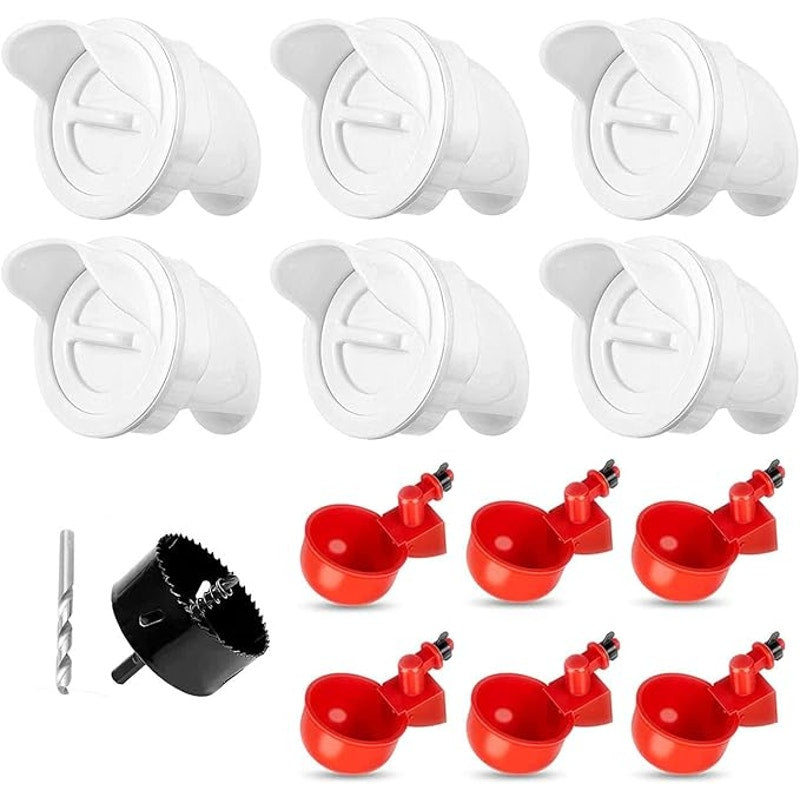Chicken Feeder Waterproof and Chicken Waterer Cup, 6pcs No Waste Chicken Feeder for Buckets,Barrels,Bins, and 6pcs Chicken Water Cups for Chickens, Birds, Turkeys etc