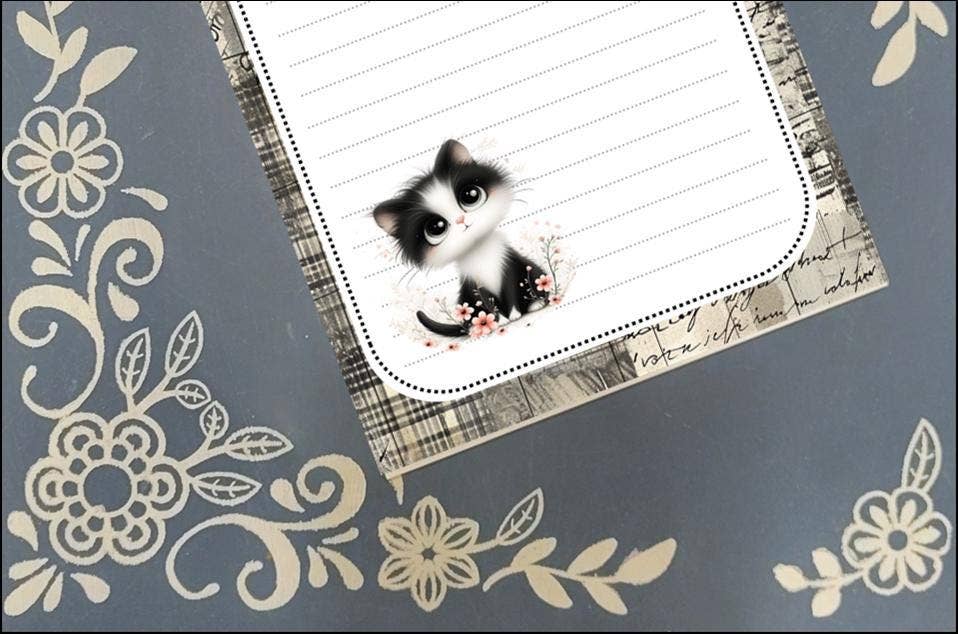 Notepad Cat Black & White Kitten, Grey Background Stationery