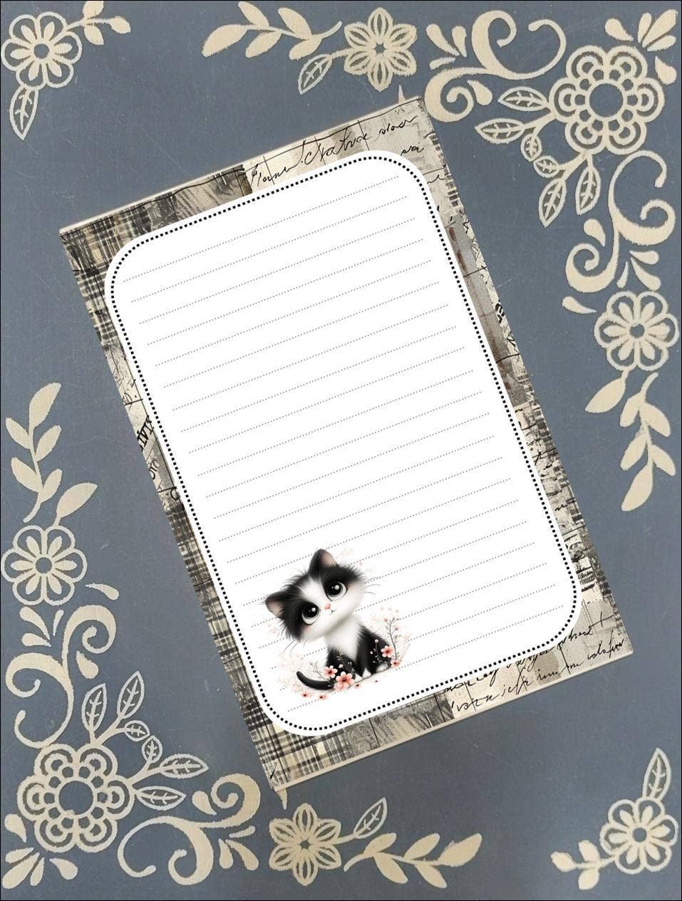 Notepad Cat Black & White Kitten, Grey Background Stationery