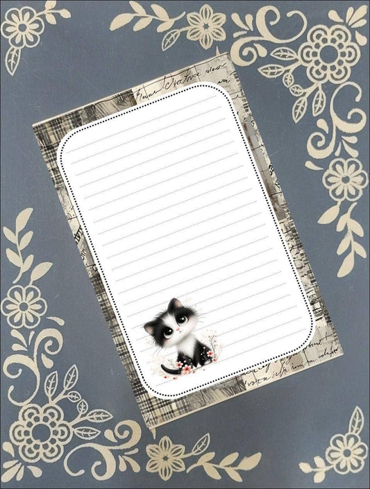 Notepad Cat Black & White Kitten, Grey Background Stationery