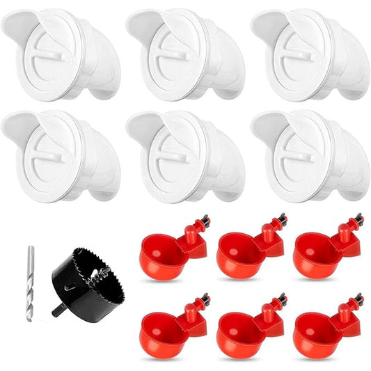 Chicken Feeder Waterproof and Chicken Waterer Cup, 6pcs No Waste Chicken Feeder for Buckets,Barrels,Bins, and 6pcs Chicken Water Cups for Chickens, Birds, Turkeys etc